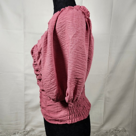 Sienna Sky Pink Ruched Puff Sleeve Square Neck Button Front Top L - Picture 3 of 7